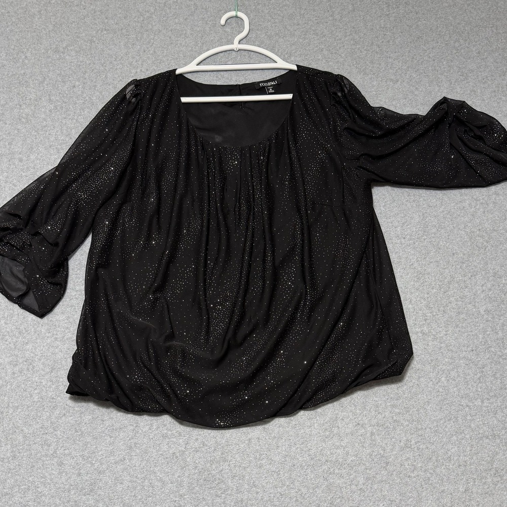 Roz & Ali Classic Blouse Black Sparkly Metallic Shimmer Sheer 3/4 Sleeve Sz 1X